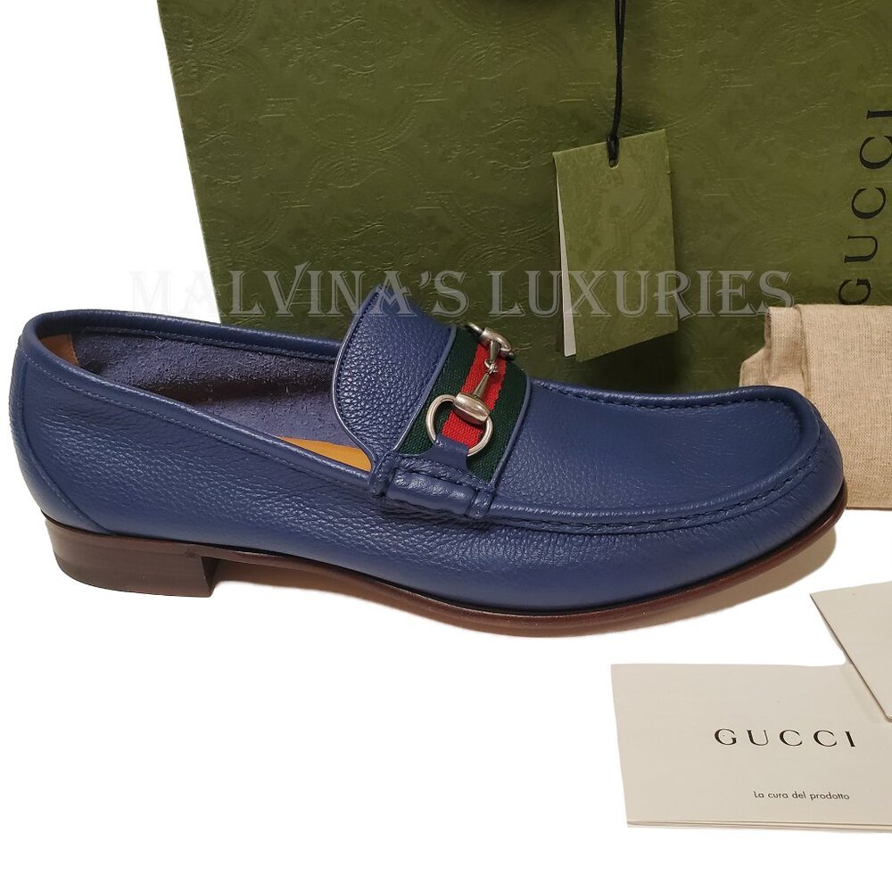 GUCCI SHOES MENS BLUE LEATHER MOCCASIN LOAFERS w HORSEBIT WEB sz 12.5G 13 - Picture 13 of 15